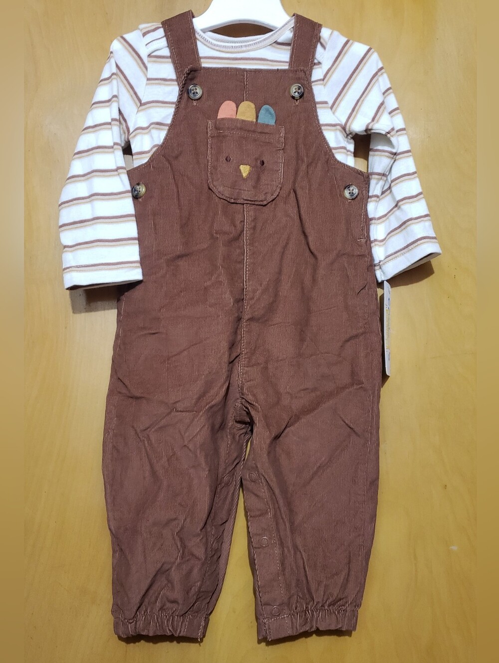 Carter's Brown Corduroy Thanksgiving Overalls with Cream & Brown Striped Tee